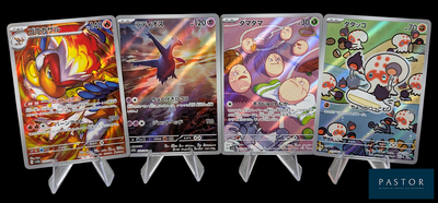 cinq cartes à collectionner Pokémon différentes sont représentées sur un fond noir