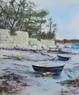un tableau représentant deux bateaux au bord d'un lac