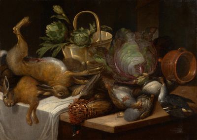 a painting of a still life with birds and vegetables on a table