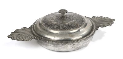a silver pot with a lid on a white surface