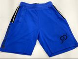 a close up of a blue shorts with a black logo on the side