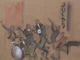 a drawing of a group of people playing instruments