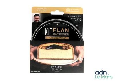 kit flan patisseer cheesecake in a box on a white plate