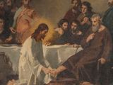 painting of jesus washing the feet of a woman at a table with other people