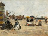 a painting of people on the beach with umbrellas