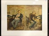 painting of two men sitting at a desk in front of a poster