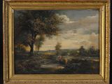une peinture à l'huile représentant un paysage avec du bétail et des arbres