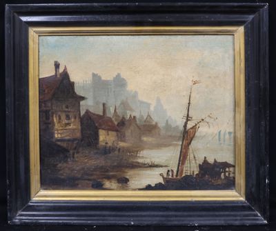 an image of a painting of a river scene with a boat in the foreground
