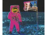 tableau représentant un homme en combinaison spatiale debout à côté d'un drapeau sur la Lune