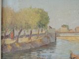 a painting of a man standing on a dock next to a river
