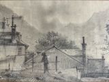 drawing of a village scene with a man standing in front of a building