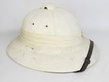 an old white hat with a leather band on a white background