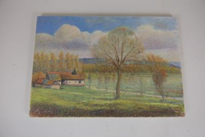 a picture of a painting of a farm in the country