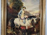 an oil painting of a man riding a horse in a landscape