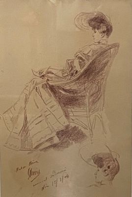 drawing of a woman sitting in a chair with a skull in the background