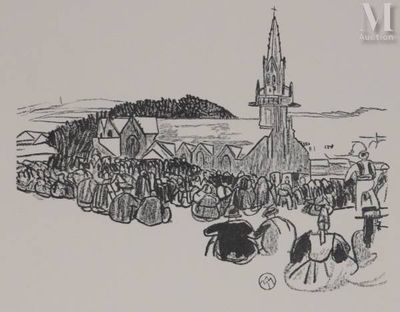 un dessin en noir et blanc représentant une foule devant une église