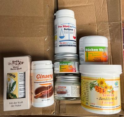 a cardboard box filled with different types of food