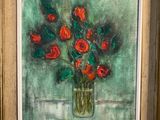 a painting of flowers in a glass vase on a table