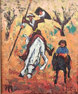 tableau représentant un homme à cheval avec un autre homme à cheval