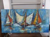 un tableau représentant trois voiliers alignés sur l'eau