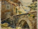 an image of a painting of a bridge over a river