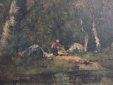 a painting of a man and a dog in a wooded area