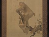 tableau représentant un singe assis sur une branche d'arbre, une fleur dans la bouche
