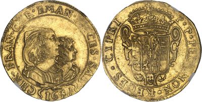 a gold coin with an image of a man and a woman on it