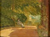 a painting of a woman sitting on a bench in a park