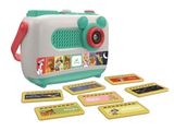 a toy radio with many cards on the table