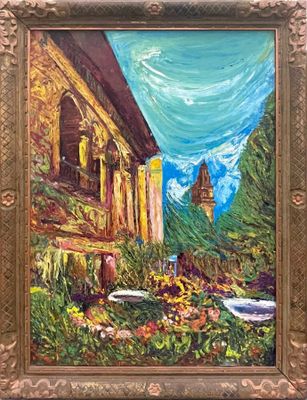 une peinture à l'huile représentant un tableau d'une femme dans un jardin près d'un bâtiment