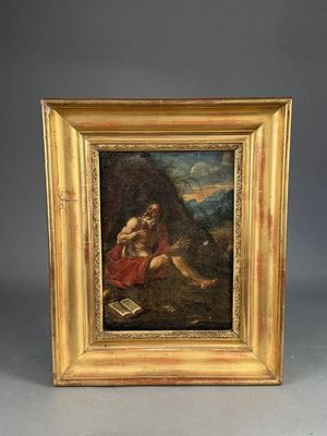 a painting of a man sitting on a rock with a dog