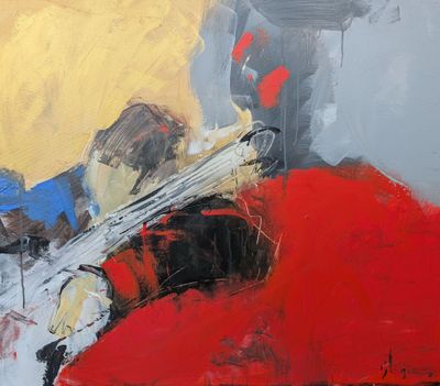 une peinture abstraite représentant un homme jouant de la guitare sur un canapé rouge