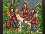 an image of a painting of three people on a donkey