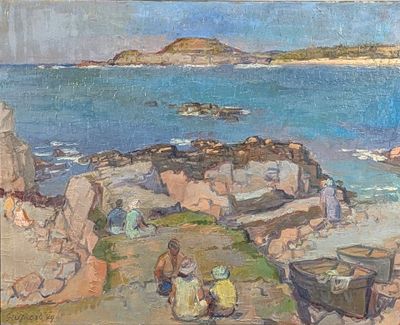 a painting of a group of people on the rocks by the water
