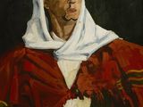 une peinture à l'huile représentant un homme vêtu d'une robe rouge tenant une bouteille