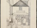 drawing of a group of men standing in front of a building