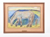 tableau représentant un cheval blanc paissant dans un champ, avec le ciel en arrière-plan
