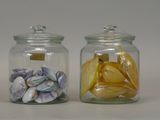 two glass jars with shells in them on a table
