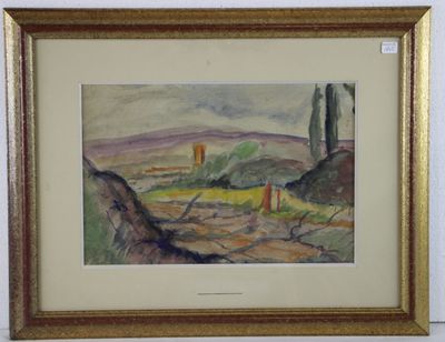 une image représentant une aquarelle représentant un paysage, dans un cadre doré