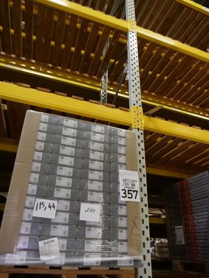 une palette chargée de nombreux cartons dans un entrepôt