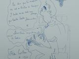 un dessin représentant un homme assis à une table avec une bouteille de vin