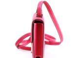 a close up of a pink purse on a white background