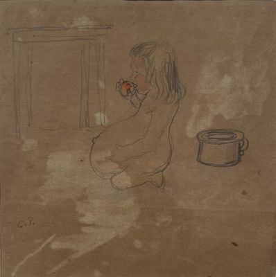 drawing of a child sitting on the ground with a bowl of food in front of her