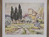 framed watercolor painting of a country road with a stone building in the background