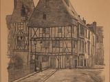 drawing of an old building with a clock on the front of it
