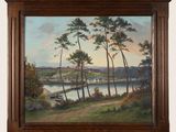 painting of a landscape with trees and a river in the distance