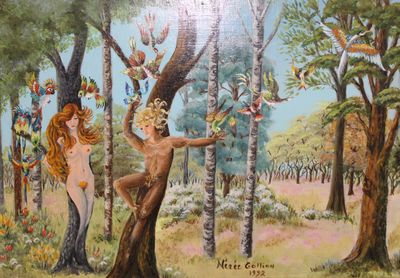 un tableau représentant une femme et un homme dans les bois