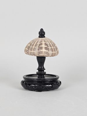 a black and white table lamp with a shell shade on top