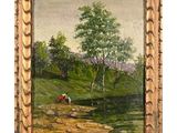 une peinture à l'huile représentant des vaches paissant dans un champ au bord d'un ruisseau